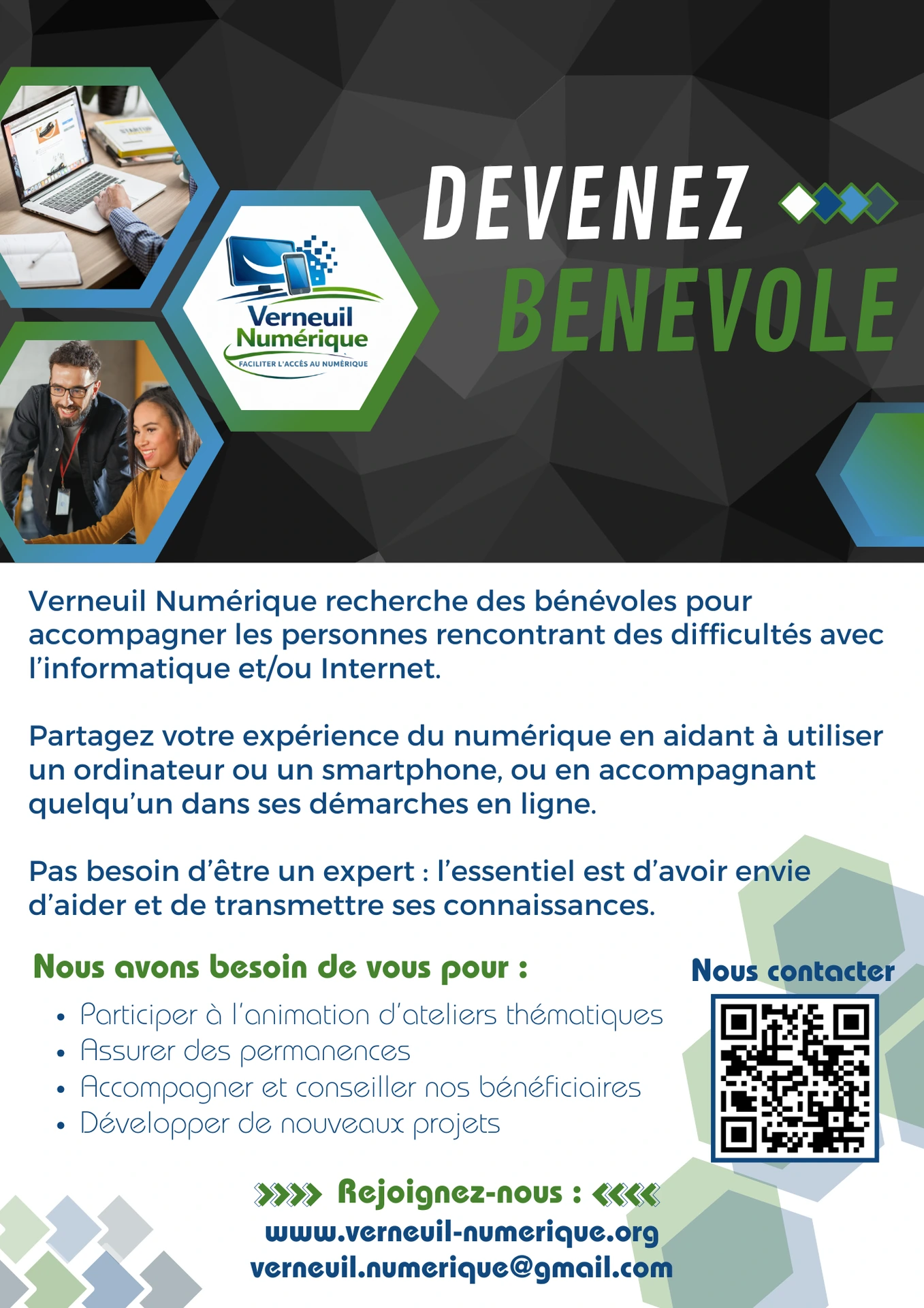 Affiche Verneuil Numérique : appel à bénévoles pour aider les habitants de Verneuil-sur-Seine avec l’informatique et Internet